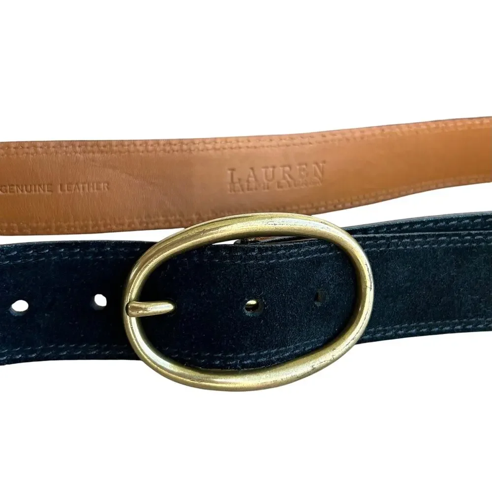 Lauren Ralph Lauren Black Suede Leather Belt Solid Brass Oval Buckle Size Medium